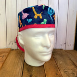 Handmade Buttoned Scrub Caps - Navy Balloon Animals