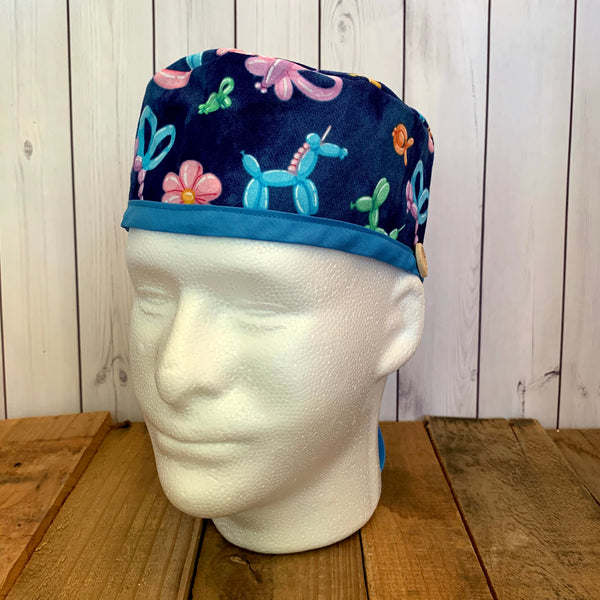 Handmade Buttoned Scrub Caps - Navy Balloon Animals