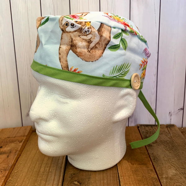 Handmade Buttoned Scrub Caps - Tropical Sloths