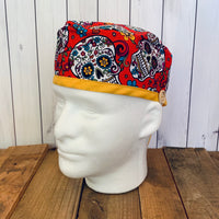 Handmade Buttoned Scrub Caps - Sugar Skull Red