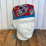 Handmade Buttoned Scrub Caps - Sugar Skull Red