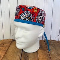 Handmade Buttoned Scrub Caps - Sugar Skull Red