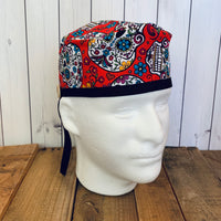 Handmade Buttoned Scrub Caps - Sugar Skull Red