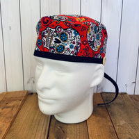 Handmade Buttoned Scrub Caps - Sugar Skull Red