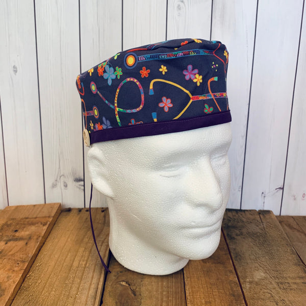 Handmade Buttoned Scrub Caps - Purple Stethoscope Flowers