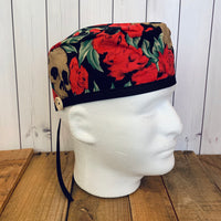 Handmade Buttoned Scrub Caps - Skulls & Roses