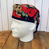Handmade Buttoned Scrub Caps - Skulls & Roses