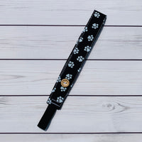 Handmade Buttoned Headbands - Black with White Paw Prints