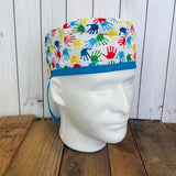 Handmade Buttoned Scrub Caps - Autism Awareness Hands