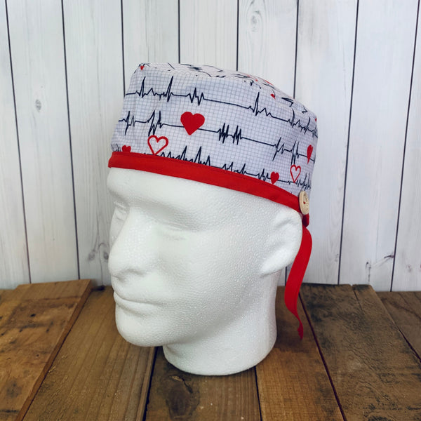 Handmade Buttoned Scrub Caps - EKG Heartbeat White