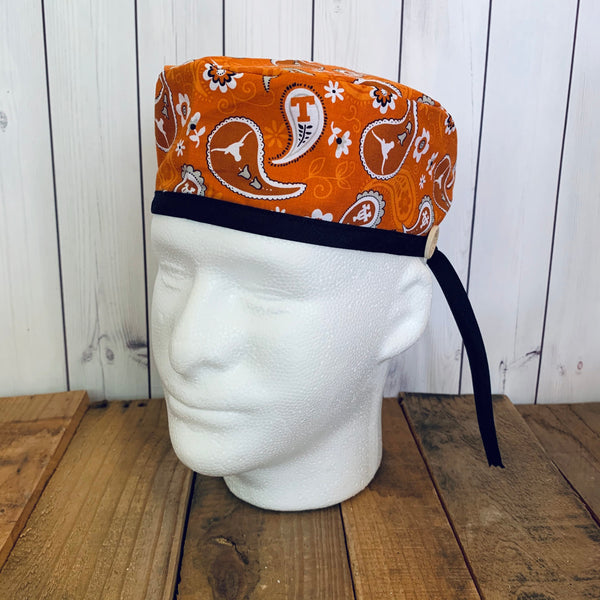 Handmade Buttoned Scrub Caps - University of Texas Longhorn Paisley