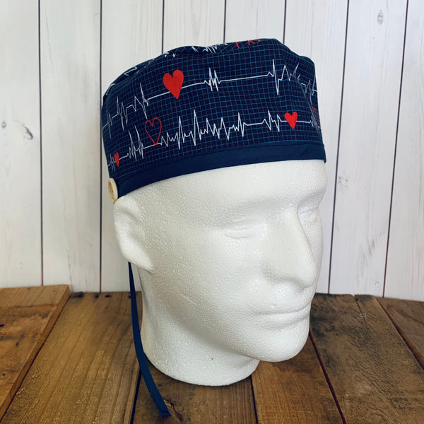 Handmade Buttoned Scrub Caps - Navy Heart Throb