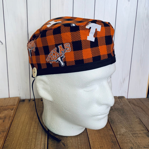 Handmade Buttoned Scrub Caps - University of Texas Longhorn Buffalo Check