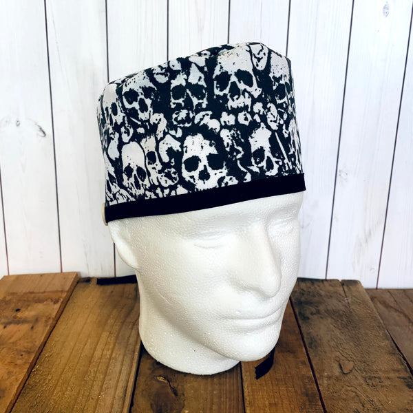 Handmade Buttoned Scrub Caps - Black Skulls