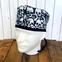 Handmade Buttoned Scrub Caps - Black Skulls