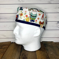Handmade Buttoned Scrub Caps - Garden Gnomes