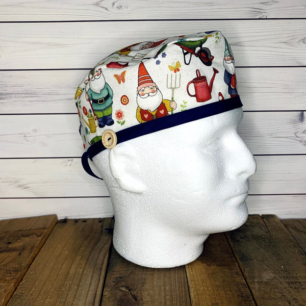 Handmade Buttoned Scrub Caps - Garden Gnomes