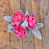 Three Wood Flowers in Lace Vase - Multiple Options Available