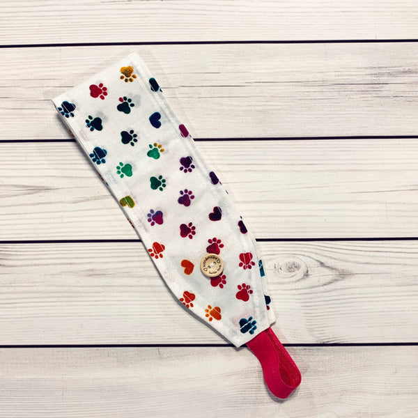 Handmade Buttoned Headbands - White Colorful Paw Prints