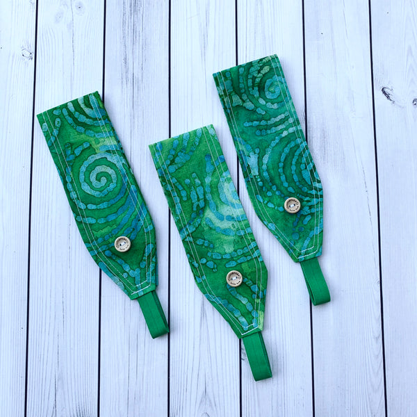 Handmade Buttoned Headbands - Batik Green/Blue Swirls