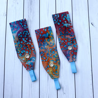 Handmade Buttoned Headbands - Batik Purple/Blue/Orange Dots