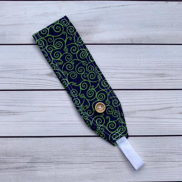 Handmade Buttoned Headbands - Navy with Green Swirls