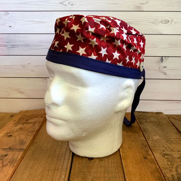 Handmade Buttoned Scrub Caps - Red Stars