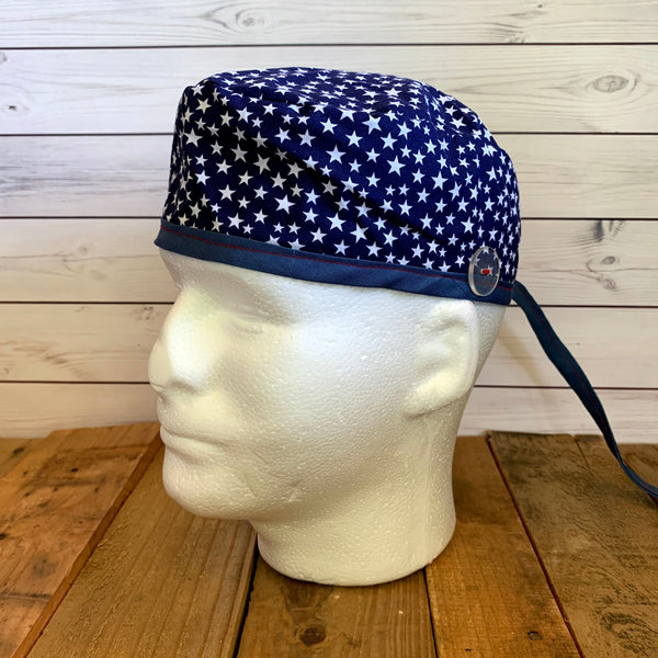 Handmade Buttoned Scrub Caps - Blue Stars