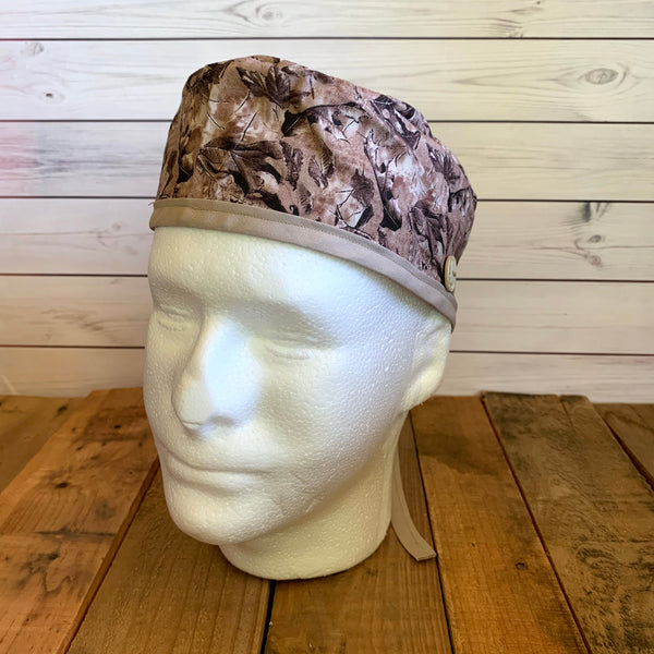 Handmade Buttoned Scrub Caps - Brown Camo Leaves