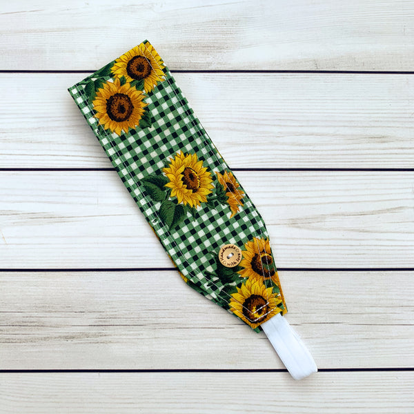 Handmade Buttoned Headbands - Green Gingham Sunflowers