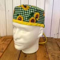 Handmade Buttoned Scrub Caps - Green Gingham Sunflowers