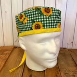 Handmade Buttoned Scrub Caps - Green Gingham Sunflowers
