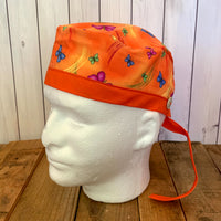 Handmade Buttoned Scrub Caps - Orange Butterflies