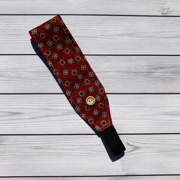 Handmade Buttoned Headbands - Maroon with Sunflowers