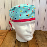 Handmade Buttoned Scrub Caps - Teal Multi-Dot