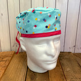 Handmade Buttoned Scrub Caps - Teal Multi-Dot