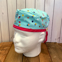 Handmade Buttoned Scrub Caps - Teal Multi-Dot