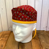 Handmade Buttoned Scrub Caps - Maroon with Sunflowers