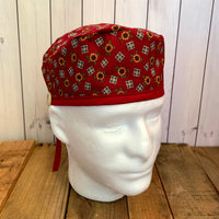 Handmade Buttoned Scrub Caps - Maroon with Sunflowers