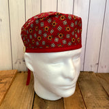 Handmade Buttoned Scrub Caps - Maroon with Sunflowers
